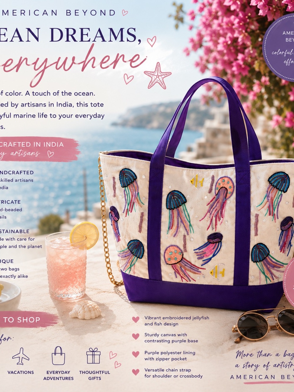 Embroidered Jellyfish Canvas Tote in Purple